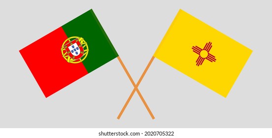 Crossed flags of Portugal and the State of New Mexico. Official colors. Correct proportion