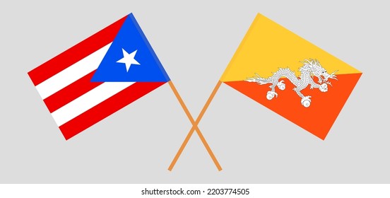 Crossed flags of Puerto Rico and Bhutan. Official colors. Correct proportion. Vector illustration
