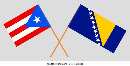 Crossed flags of Puerto Rico and Bosnia and Herzegovina. Official colors. Correct proportion. Vector illustration
