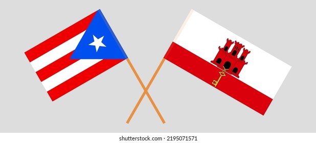 Crossed flags of Puerto Rico and Gibraltar. Official colors. Correct proportion. Vector illustration
