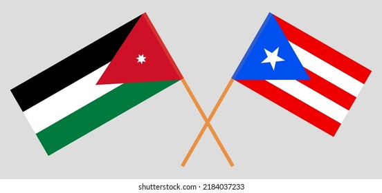 Crossed flags of Puerto Rico and Jordan. Official colors. Correct proportion. Vector illustration
