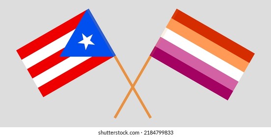 Crossed flags of Puerto Rico and Lesbian Pride. Official colors. Correct proportion. Vector illustration
