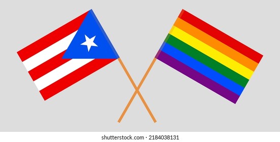 Crossed flags of Puerto Rico and LGBTQ. Official colors. Correct proportion. Vector illustration
