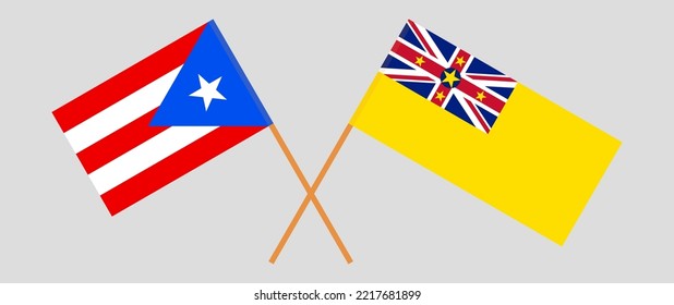 Crossed flags of Puerto Rico and Niue. Official colors. Correct proportion. Vector illustration
