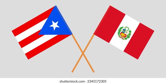 Crossed flags of Puerto Rico and Peru. Official colors. Correct proportion. Vector illustration
