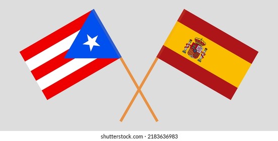 Crossed flags of Puerto Rico and Spain. Official colors. Correct proportion. Vector illustration
