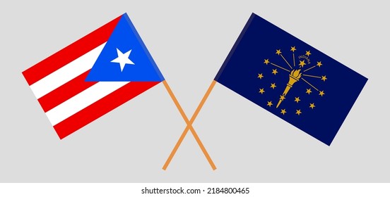 Überquerte Flaggen von Puerto Rico und dem Staat Indiana. Offizielle Farben. Richtiger Anteil. Vektorgrafik
