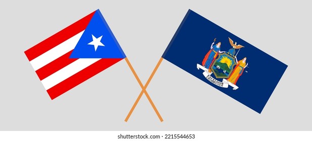 Überquerte Flaggen von Puerto Rico und dem Bundesstaat New York. Offizielle Farben. Richtiger Anteil. Vektorgrafik
