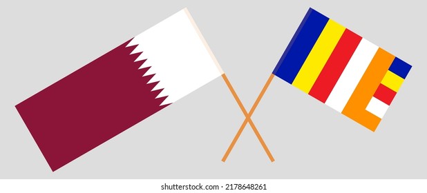 Crossed flags of Qatar and Buddhism. Official colors. Correct proportion. Vector illustration

