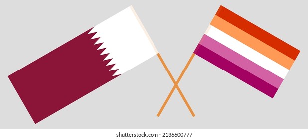 Crossed flags of Qatar and Lesbian Pride. Official colors. Correct proportion. Vector illustration