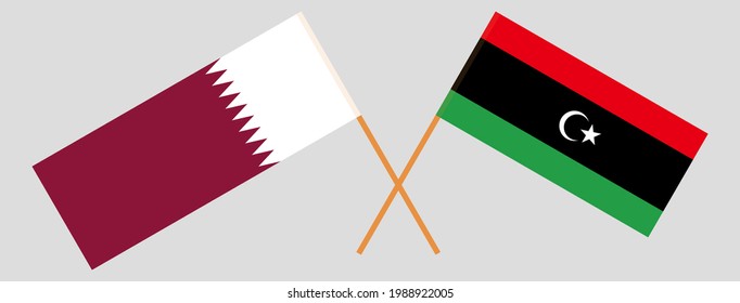 Banderas cruzadas de Qatar y Libia. Colores oficiales. Proporción correcta