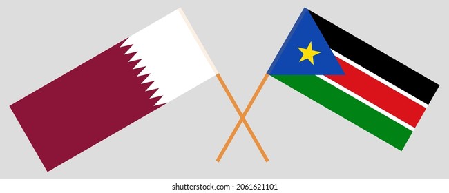 Crossed flags of Qatar and South Sudan. Official colors. Correct proportion