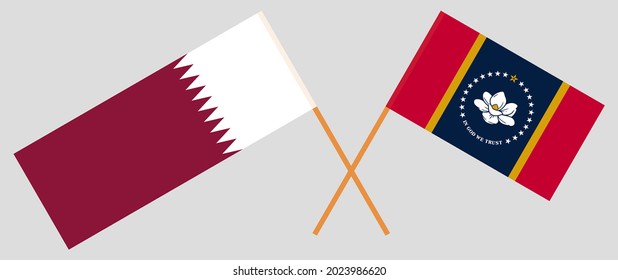 Crossed flags of Qatar and the State of Mississippi. Official colors. Correct proportion