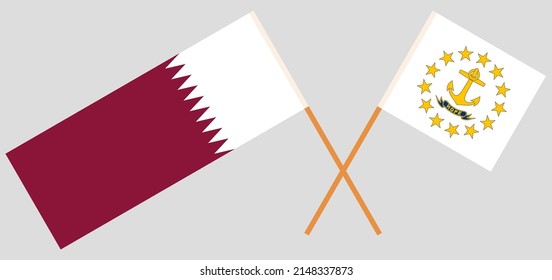 Überquerte Flaggen von Katar und dem Staat von Rhode Island. Offizielle Farben. Richtiger Anteil. Vektorgrafik
