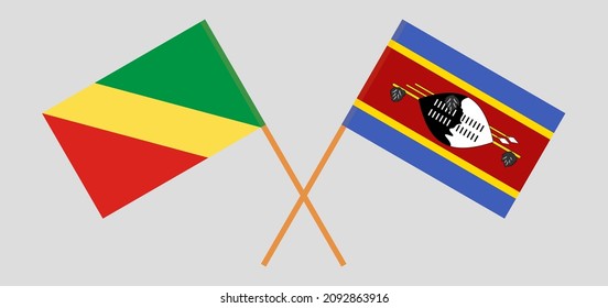 Crossed flags of Republic of the Congo and Eswatini. Official colors. Correct proportion. Vector illustration
