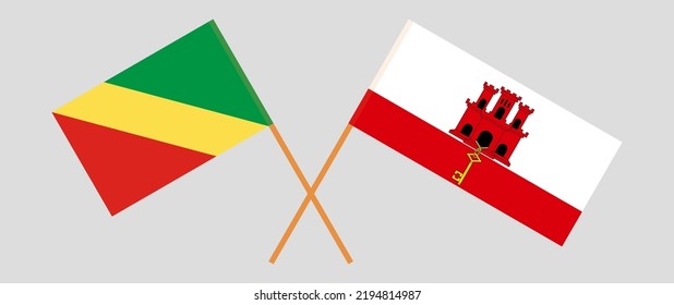 Banderas cruzadas de la República del Congo y Gibraltar. Colores oficiales. Proporción correcta. Ilustración del vector
