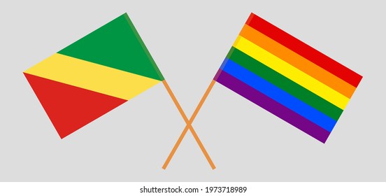 Crossed flags of Republic of the Congo and LGBTQ. Official colors. Correct proportion