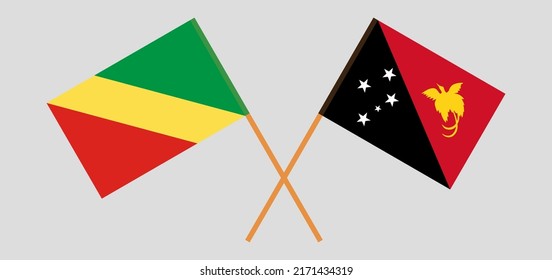 Crossed flags of Republic of the Congo and Papua New Guinea. Official colors. Correct proportion. Vector illustration
