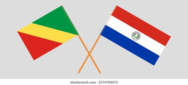 Crossed flags of Republic of the Congo and Republic of Paraguay. Official colors. Correct proportion. Vector illustration.
