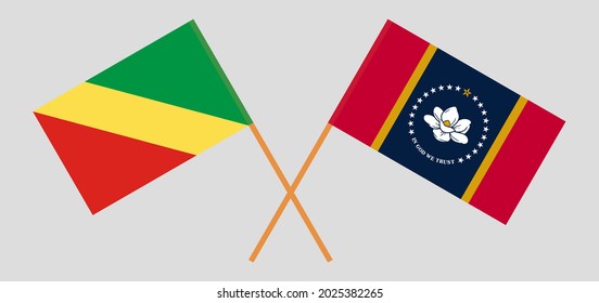 Gekreuzte Flaggen der Republik Kongo und des Staates Mississippi. Offizielle Farben. Richtiger Anteil