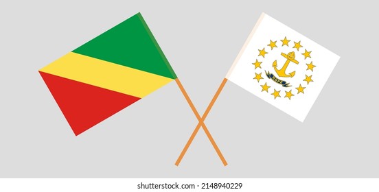 Banderas cruzadas de la República del Congo y el Estado de la isla de Rhode. Colores oficiales. Proporción correcta. Ilustración del vector

