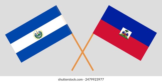 Crossed flags of Republic of El Salvador and Republic of Haiti. Official colors. Correct proportion. Vector illustration
