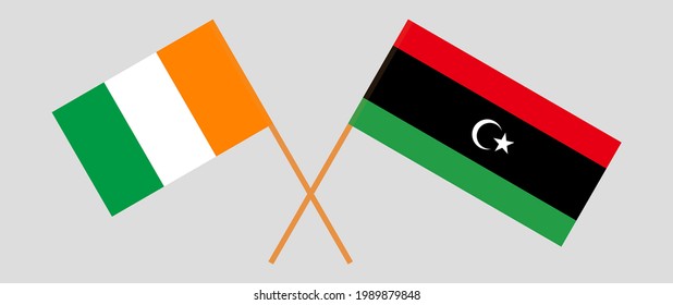 Crossed flags of Republic of Ivory Coast and Libya. Official colors. Correct proportion