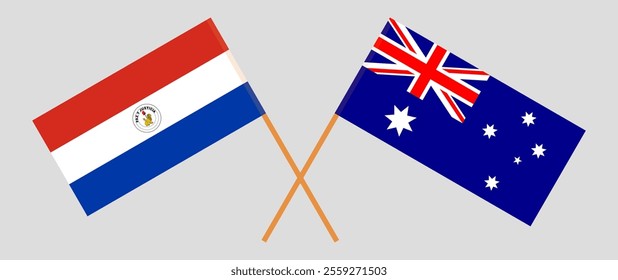 Crossed flags of Republic of Paraguay and Australia. Official colors. Correct proportion. Vector illustration.
