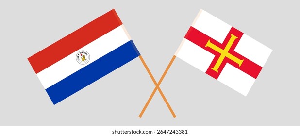 Bandeiras cruzadas do Paraguai e Bailiado de Guernsey. Cores oficiais. Proporção correta. Ilustração vetorial.
