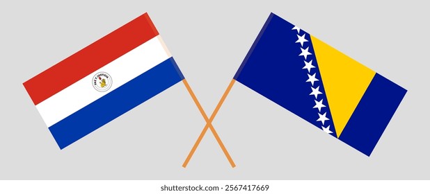 Crossed flags of Republic of Paraguay and Bosnia and Herzegovina. Official colors. Correct proportion. Vector illustration.
