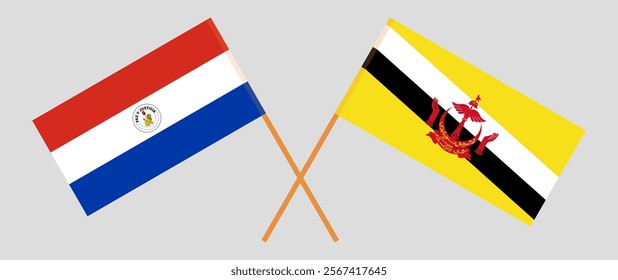 Crossed flags of Republic of Paraguay and Brunei. Official colors. Correct proportion. Vector illustration.
