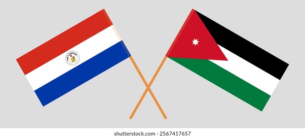 Crossed flags of Republic of Paraguay and Jordan. Official colors. Correct proportion. Vector illustration.
