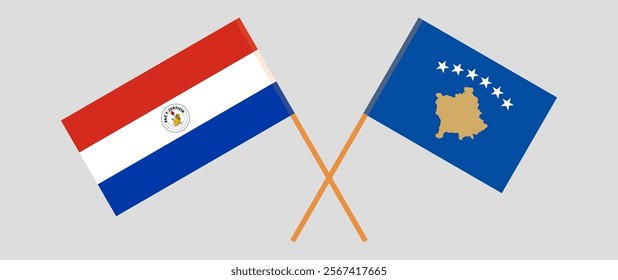 Crossed flags of Republic of Paraguay and Kosovo. Official colors. Correct proportion. Vector illustration.
