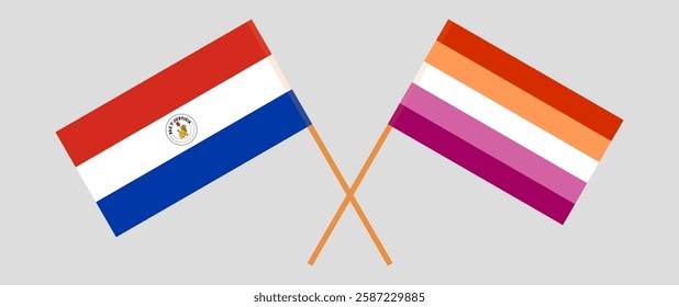 Crossed flags of Republic of Paraguay and Lesbian Pride. Official colors. Correct proportion. Vector illustration.
