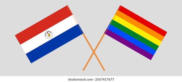 Crossed flags of Republic of Paraguay and LGBTQ. Official colors. Correct proportion. Vector illustration.
