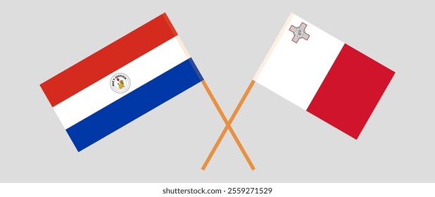 Crossed flags of Republic of Paraguay and Malta. Official colors. Correct proportion. Vector illustration.
