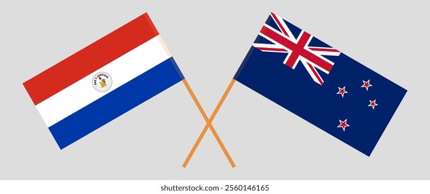 Crossed flags of Republic of Paraguay and New Zealand. Official colors. Correct proportion. Vector illustration.
