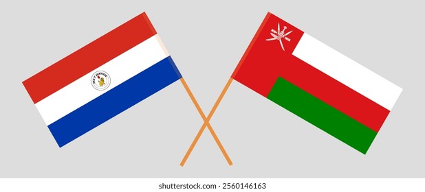 Crossed flags of Republic of Paraguay and Oman. Official colors. Correct proportion. Vector illustration.
