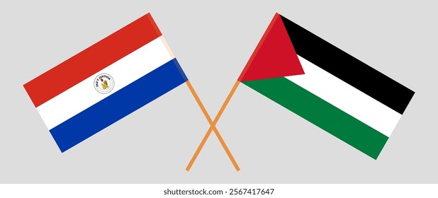 Crossed flags of Republic of Paraguay and Palestine. Official colors. Correct proportion. Vector illustration.
