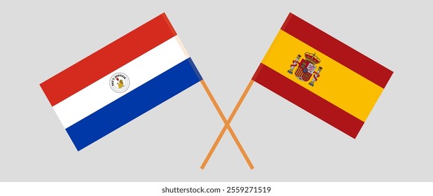 Crossed flags of Republic of Paraguay and Spain. Official colors. Correct proportion. Vector illustration.
