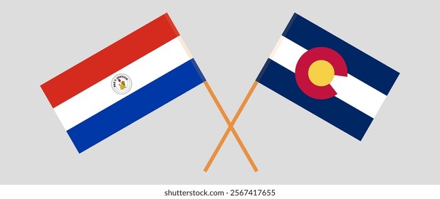 Crossed flags of Republic of Paraguay and The State of Colorado. Official colors. Correct proportion. Vector illustration.
