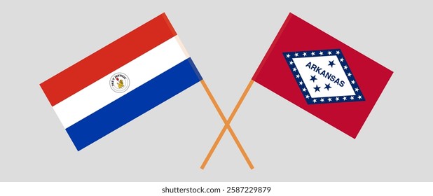 Crossed flags of Republic of Paraguay and The State of Arkansas. Official colors. Correct proportion. Vector illustration.
