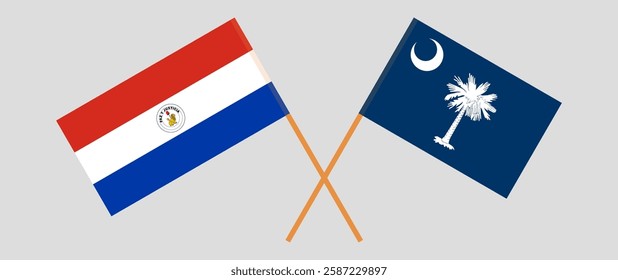 Crossed flags of Republic of Paraguay and The State of South Carolina. Official colors. Correct proportion. Vector illustration.
