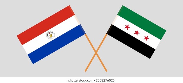 Crossed flags of Republic of Paraguay and Syria. Official colors. Correct proportion. Vector illustration.
