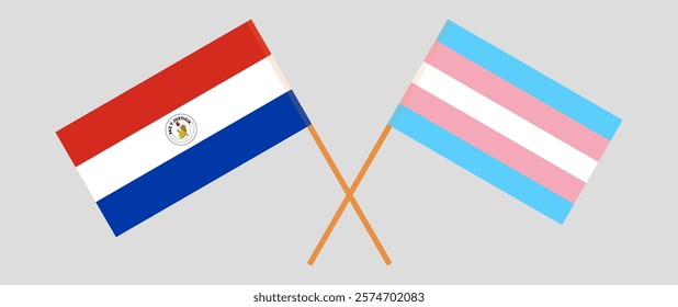 Crossed flags of Republic of Paraguay and Transgender Pride. Official colors. Correct proportion. Vector illustration.
