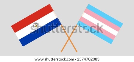 Crossed flags of Republic of Paraguay and Transgender Pride. Official colors. Correct proportion. Vector illustration.
