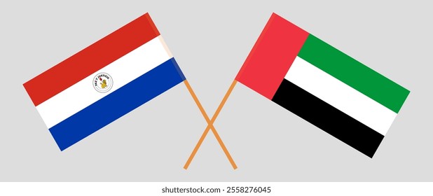 Crossed flags of Republic of Paraguay and the United Arab Emirates. Official colors. Correct proportion. Vector illustration.
