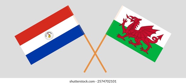 Crossed flags of Republic of Paraguay and Wales. Official colors. Correct proportion. Vector illustration.
