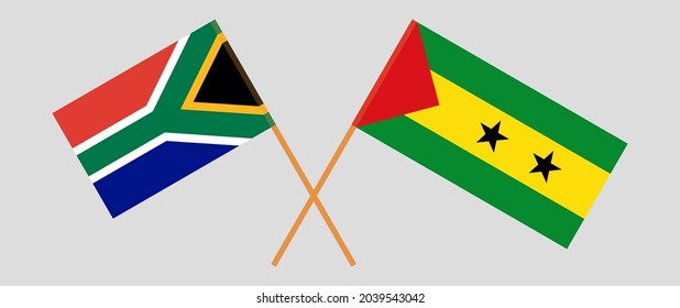 Crossed flags of Republic of South Africa and Sao Tome and Principe. Official colors. Correct proportion