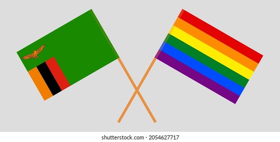 Crossed flags of the Republic of Zambia and LGBTQ. Official colors. Correct proportion
